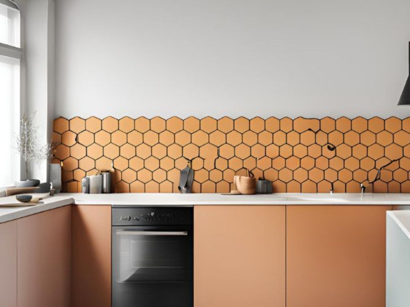 Orange hexagonal backsplash tiles - Beautiful Homes